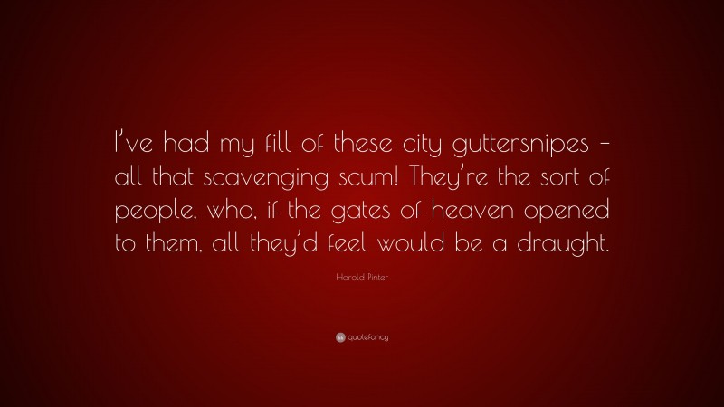 Harold Pinter Quote: “I’ve had my fill of these city guttersnipes – all that scavenging scum! They’re the sort of people, who, if the gates of heaven opened to them, all they’d feel would be a draught.”