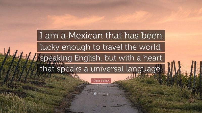 Cesar Millan Quote: “I am a Mexican that has been lucky enough to travel the world, speaking English, but with a heart that speaks a universal language.”
