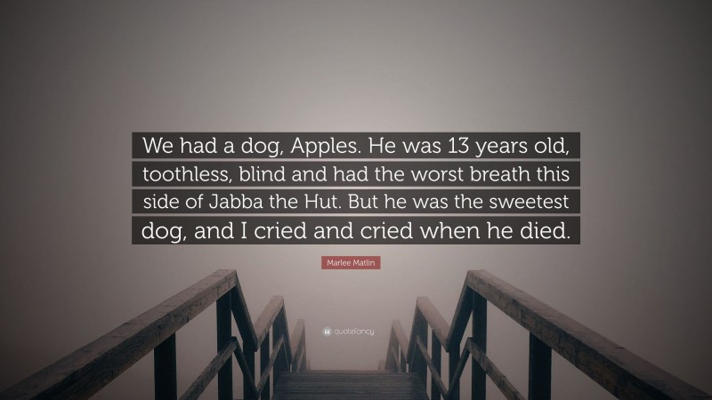 Marlee Matlin Quote: “We had a dog, Apples. He was 13 years old, toothless, blind and had the worst breath this side of Jabba the Hut. But he was the sweetest dog, and I cried and cried when he died.”
