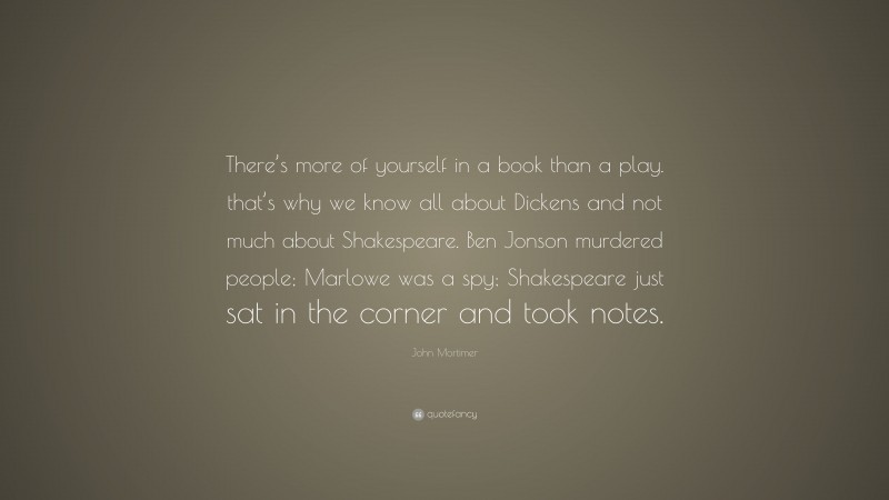John Mortimer Quote: “There’s more of yourself in a book than a play. that’s why we know all about Dickens and not much about Shakespeare. Ben Jonson murdered people; Marlowe was a spy; Shakespeare just sat in the corner and took notes.”