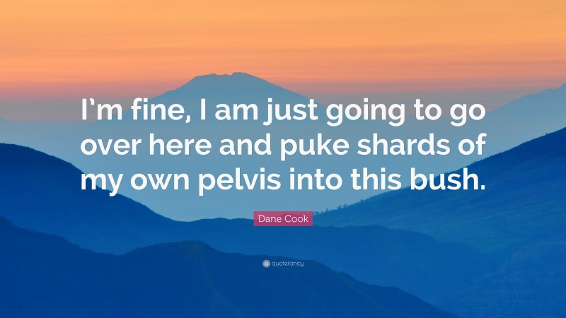 Dane Cook Quote: “I’m fine, I am just going to go over here and puke shards of my own pelvis into this bush.”