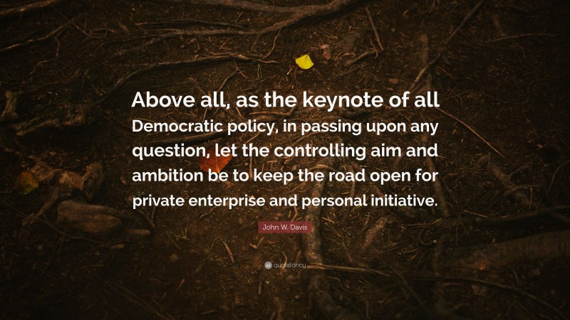 John W. Davis Quote: “Above all, as the keynote of all Democratic policy, in passing upon any question, let the controlling aim and ambition be to keep the road open for private enterprise and personal initiative.”