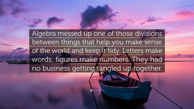 Mal Peet Quote: “Algebra messed up one of those divisions between things that help you make sense of the world and keep it tidy. Letters make words; figures make numbers. They had no business getting tangled up together.”