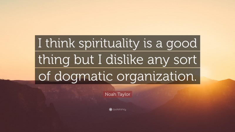 Noah Taylor Quote: “I think spirituality is a good thing but I dislike any sort of dogmatic organization.”