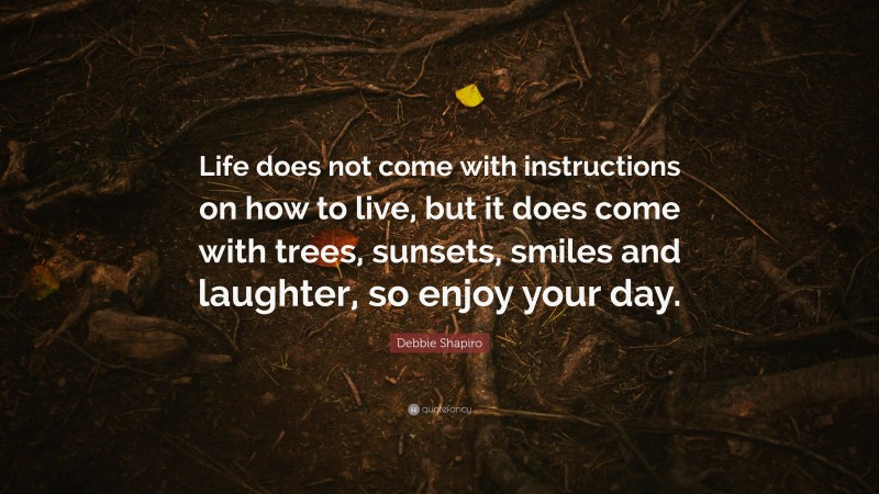 Debbie Shapiro Quote: “Life does not come with instructions on how to live, but it does come with trees, sunsets, smiles and laughter, so enjoy your day.”