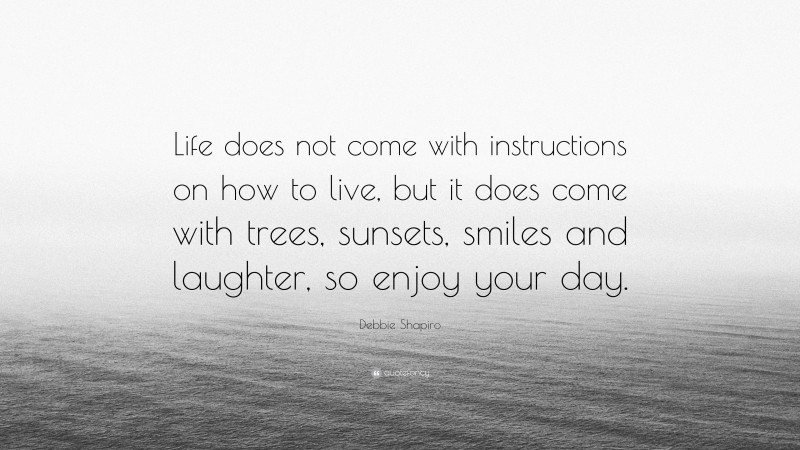 Debbie Shapiro Quote: “Life does not come with instructions on how to live, but it does come with trees, sunsets, smiles and laughter, so enjoy your day.”