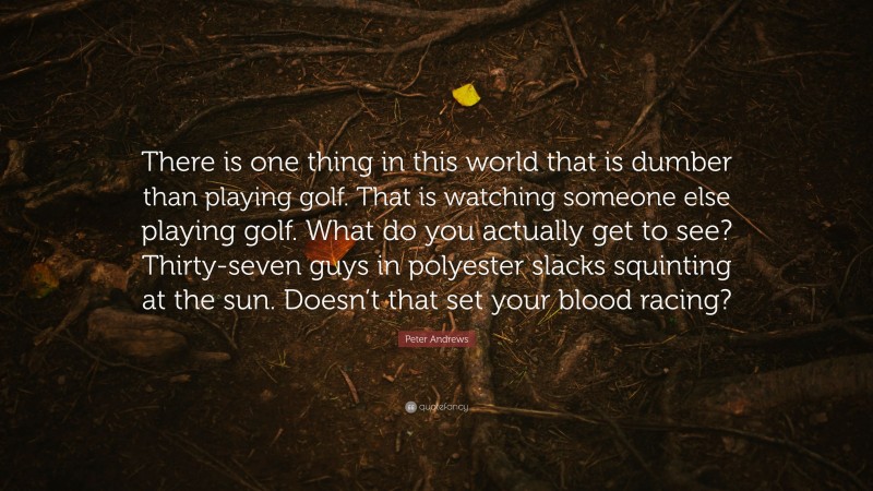 Peter Andrews Quote: “There is one thing in this world that is dumber than playing golf. That is watching someone else playing golf. What do you actually get to see? Thirty-seven guys in polyester slacks squinting at the sun. Doesn’t that set your blood racing?”