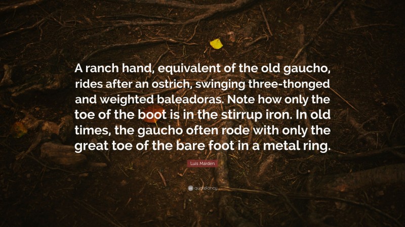 Luis Marden Quote: “A ranch hand, equivalent of the old gaucho, rides after an ostrich, swinging three-thonged and weighted baleadoras. Note how only the toe of the boot is in the stirrup iron. In old times, the gaucho often rode with only the great toe of the bare foot in a metal ring.”