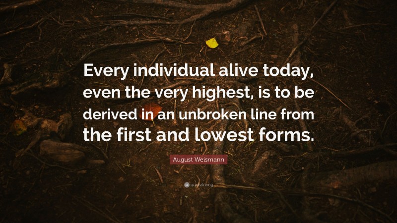 August Weismann Quote: “Every individual alive today, even the very highest, is to be derived in an unbroken line from the first and lowest forms.”