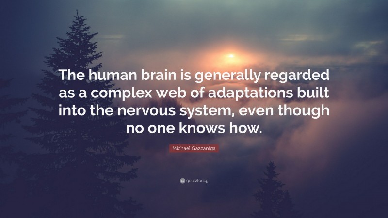 Michael Gazzaniga Quote: “The human brain is generally regarded as a complex web of adaptations built into the nervous system, even though no one knows how.”
