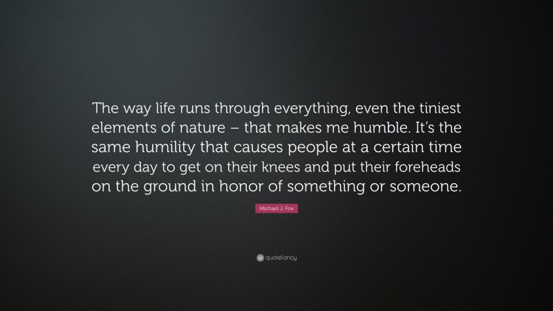 Michael J. Fox Quote: “The way life runs through everything, even the tiniest elements of nature – that makes me humble. It’s the same humility that causes people at a certain time every day to get on their knees and put their foreheads on the ground in honor of something or someone.”