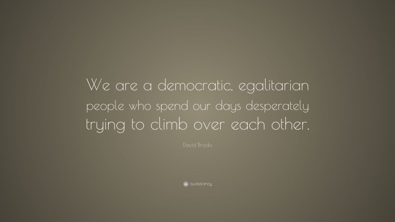 David Brooks Quote: “We are a democratic, egalitarian people who spend our days desperately trying to climb over each other.”