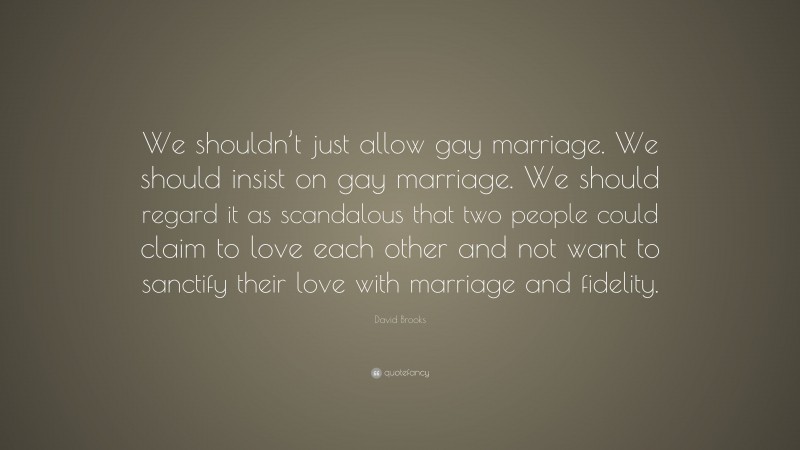David Brooks Quote: “We shouldn’t just allow gay marriage. We should insist on gay marriage. We should regard it as scandalous that two people could claim to love each other and not want to sanctify their love with marriage and fidelity.”