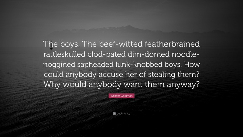 William Goldman Quote: “The boys. The beef-witted featherbrained rattleskulled clod-pated dim-domed noodle-noggined sapheaded lunk-knobbed boys. How could anybody accuse her of stealing them? Why would anybody want them anyway?”