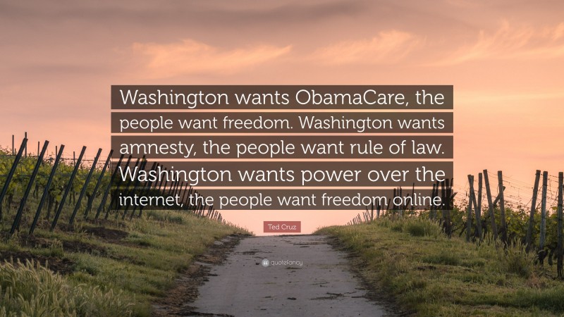 Ted Cruz Quote: “Washington wants ObamaCare, the people want freedom. Washington wants amnesty, the people want rule of law. Washington wants power over the internet, the people want freedom online.”