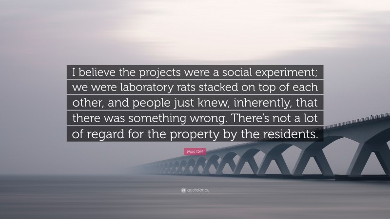 Mos Def Quote: “I believe the projects were a social experiment; we were laboratory rats stacked on top of each other, and people just knew, inherently, that there was something wrong. There’s not a lot of regard for the property by the residents.”