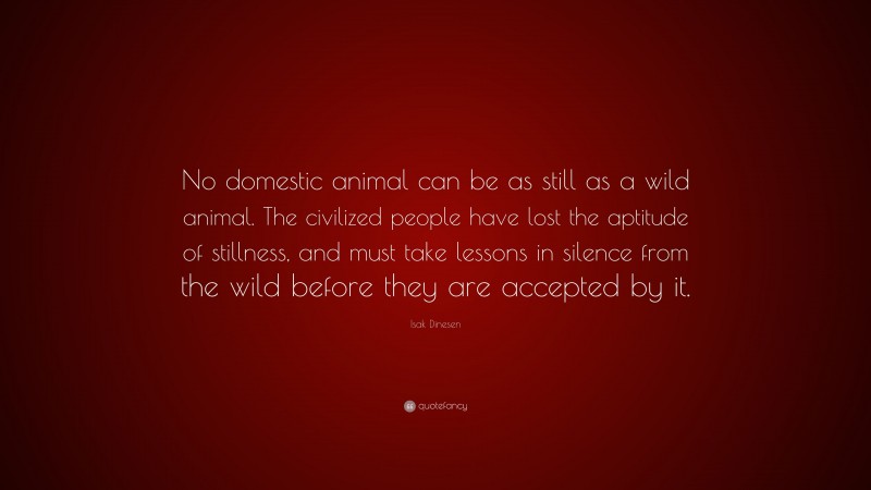 Isak Dinesen Quote: “No domestic animal can be as still as a wild animal. The civilized people have lost the aptitude of stillness, and must take lessons in silence from the wild before they are accepted by it.”