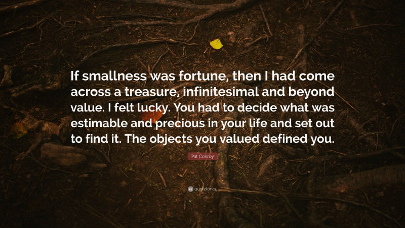 Pat Conroy Quote: “If smallness was fortune, then I had come across a treasure, infinitesimal and beyond value. I felt lucky. You had to decide what was estimable and precious in your life and set out to find it. The objects you valued defined you.”