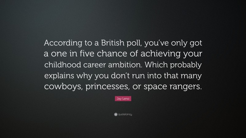 Jay Leno Quote: “According to a British poll, you’ve only got a one in five chance of achieving your childhood career ambition. Which probably explains why you don’t run into that many cowboys, princesses, or space rangers.”