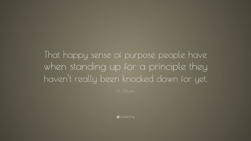 P.J. O'Rourke Quote: “That happy sense of purpose people have when standing up for a principle they haven’t really been knocked down for yet.”