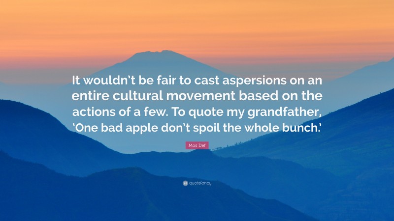 Mos Def Quote: “It wouldn’t be fair to cast aspersions on an entire cultural movement based on the actions of a few. To quote my grandfather, ‘One bad apple don’t spoil the whole bunch.’”