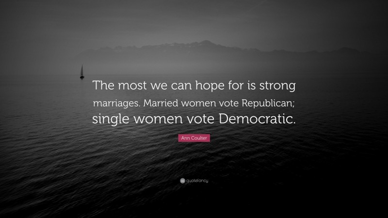 Ann Coulter Quote: “The most we can hope for is strong marriages. Married women vote Republican; single women vote Democratic.”