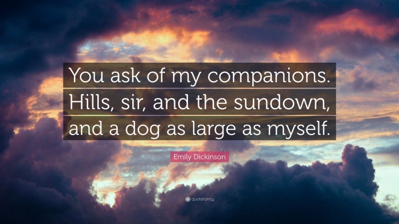 Emily Dickinson Quote: “You ask of my companions. Hills, sir, and the sundown, and a dog as large as myself.”