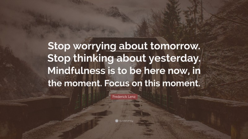 Frederick Lenz Quote: “Stop worrying about tomorrow. Stop thinking about yesterday. Mindfulness is to be here now, in the moment. Focus on this moment.”