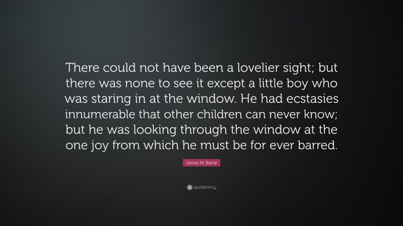 James M. Barrie Quote: “There could not have been a lovelier sight; but there was none to see it except a little boy who was staring in at the window. He had ecstasies innumerable that other children can never know; but he was looking through the window at the one joy from which he must be for ever barred.”