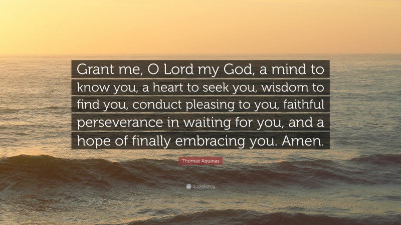 Thomas Aquinas Quote: “Grant me, O Lord my God, a mind to know you, a heart to seek you, wisdom to find you, conduct pleasing to you, faithful perseverance in waiting for you, and a hope of finally embracing you. Amen.”