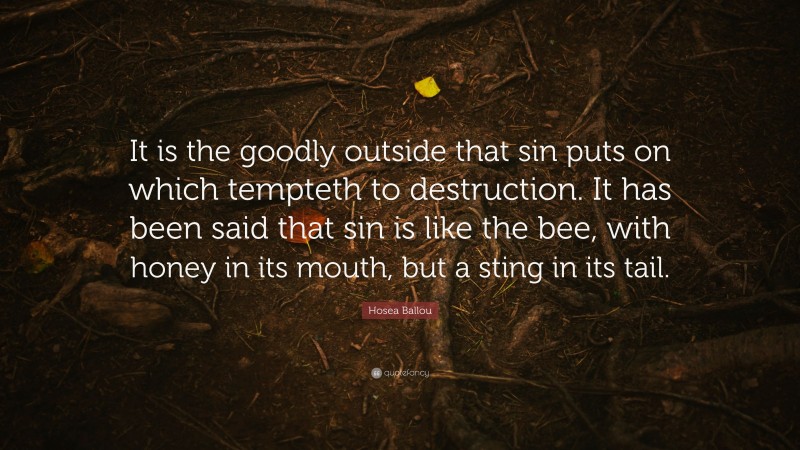 Hosea Ballou Quote: “It is the goodly outside that sin puts on which tempteth to destruction. It has been said that sin is like the bee, with honey in its mouth, but a sting in its tail.”