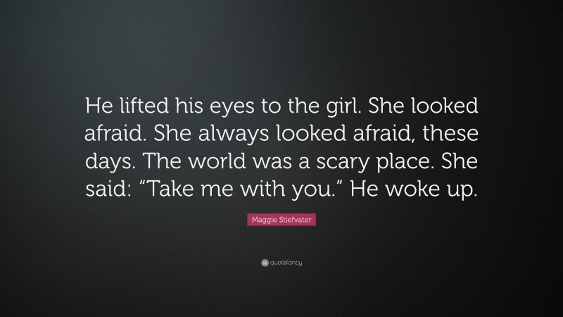 Maggie Stiefvater Quote: “He lifted his eyes to the girl. She looked afraid. She always looked afraid, these days. The world was a scary place. She said: “Take me with you.” He woke up.”