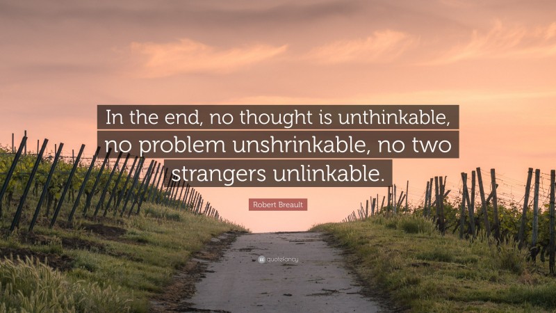 Robert Breault Quote: “In the end, no thought is unthinkable, no problem unshrinkable, no two strangers unlinkable.”
