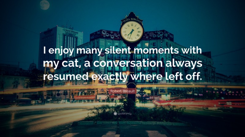 Robert Breault Quote: “I enjoy many silent moments with my cat, a conversation always resumed exactly where left off.”