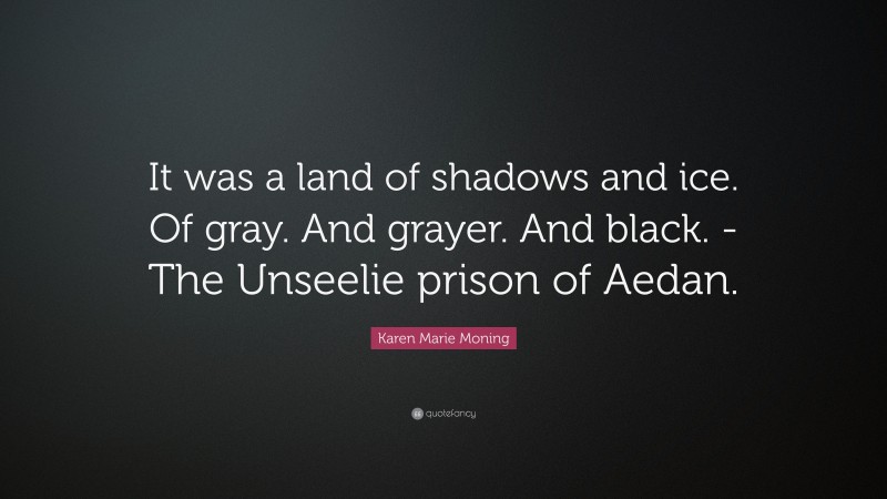 Karen Marie Moning Quote: “It was a land of shadows and ice. Of gray. And grayer. And black. -The Unseelie prison of Aedan.”