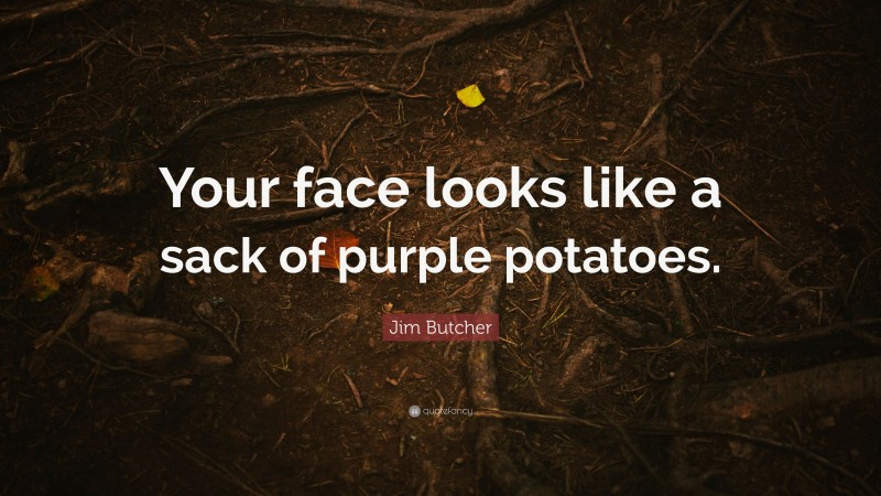 Jim Butcher Quote: “Your face looks like a sack of purple potatoes.”
