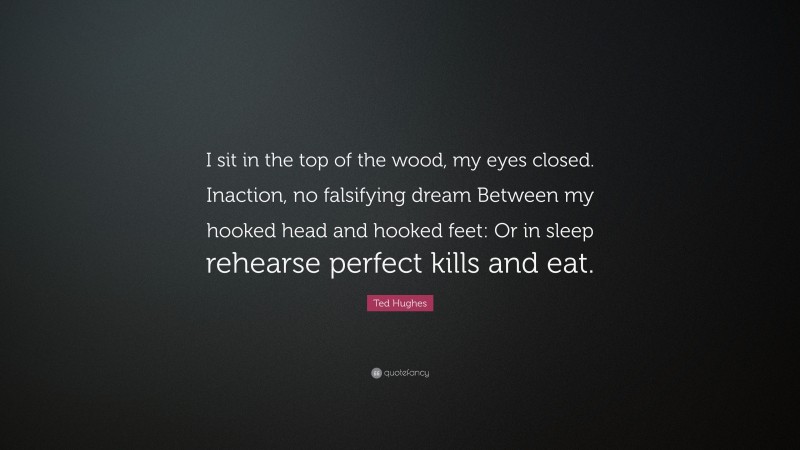 Ted Hughes Quote: “I sit in the top of the wood, my eyes closed. Inaction, no falsifying dream Between my hooked head and hooked feet: Or in sleep rehearse perfect kills and eat.”