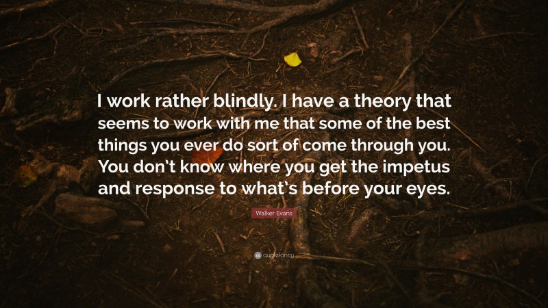 Walker Evans Quote: “I work rather blindly. I have a theory that seems to work with me that some of the best things you ever do sort of come through you. You don’t know where you get the impetus and response to what’s before your eyes.”