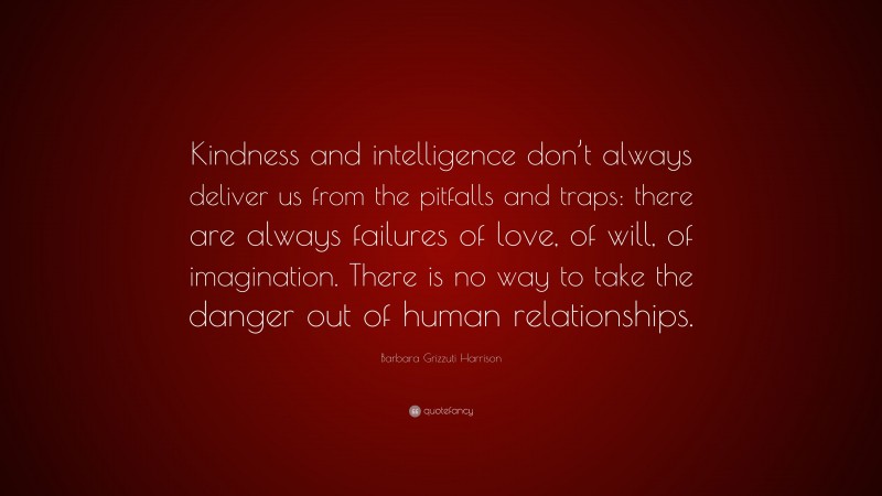 Barbara Grizzuti Harrison Quote: “Kindness and intelligence don’t always deliver us from the pitfalls and traps: there are always failures of love, of will, of imagination. There is no way to take the danger out of human relationships.”