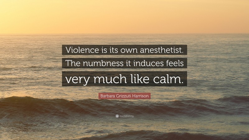 Barbara Grizzuti Harrison Quote: “Violence is its own anesthetist. The numbness it induces feels very much like calm.”