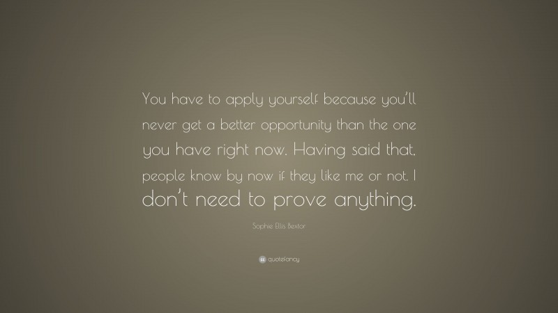 Sophie Ellis Bextor Quote: “You have to apply yourself because you’ll never get a better opportunity than the one you have right now. Having said that, people know by now if they like me or not. I don’t need to prove anything.”