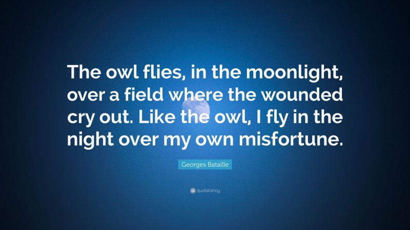Georges Bataille Quote: “The owl flies, in the moonlight, over a field where the wounded cry out. Like the owl, I fly in the night over my own misfortune.”