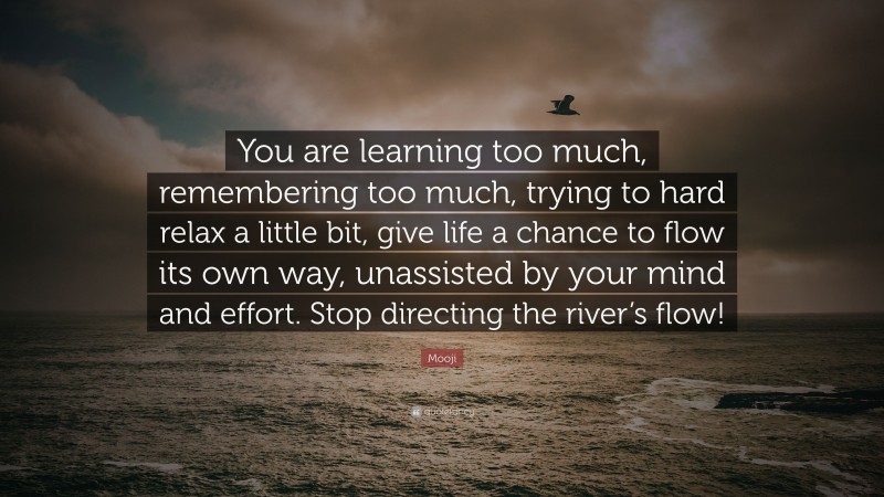 Mooji Quote: “You are learning too much, remembering too much, trying to hard relax a little bit, give life a chance to flow its own way, unassisted by your mind and effort. Stop directing the river’s flow!”