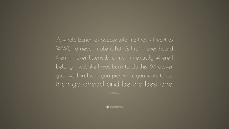 C.M. Punk Quote: “A whole bunch of people told me that if I went to WWE, I’d never make it. But it’s like I never heard them. I never listened. To me, I’m exactly where I belong. I feel like I was born to do this. Whatever your walk in life is, you pick what you want to be, then go ahead and be the best one.”