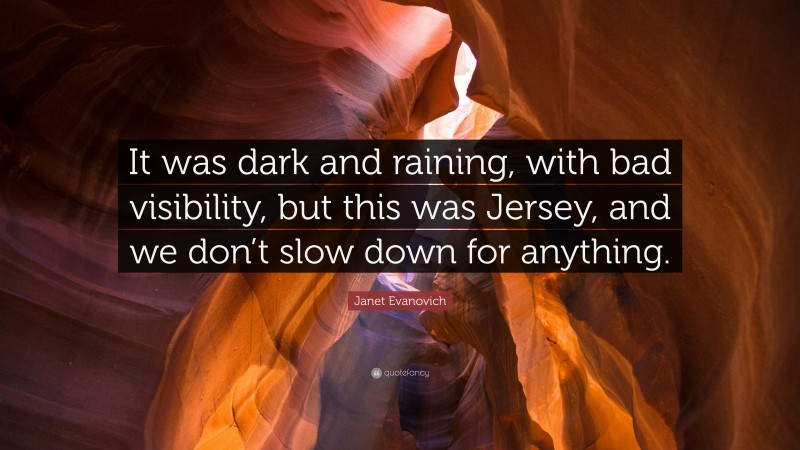 Janet Evanovich Quote: “It was dark and raining, with bad visibility, but this was Jersey, and we don’t slow down for anything.”