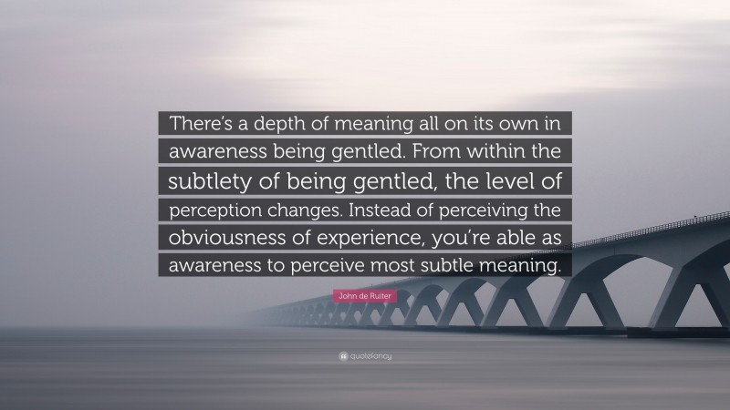 John de Ruiter Quote: “There’s a depth of meaning all on its own in awareness being gentled. From within the subtlety of being gentled, the level of perception changes. Instead of perceiving the obviousness of experience, you’re able as awareness to perceive most subtle meaning.”