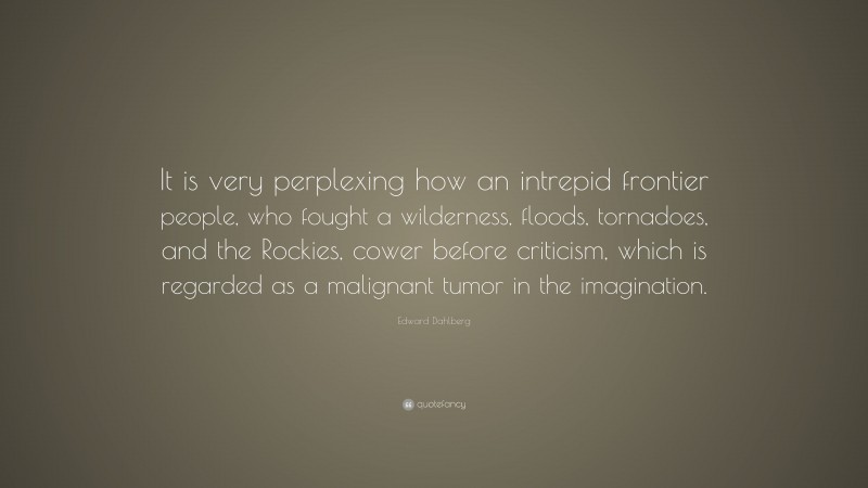 Edward Dahlberg Quote: “It is very perplexing how an intrepid frontier people, who fought a wilderness, floods, tornadoes, and the Rockies, cower before criticism, which is regarded as a malignant tumor in the imagination.”