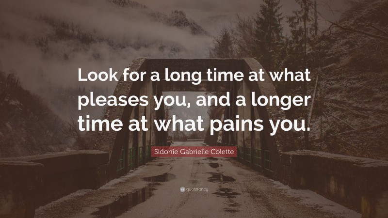 Sidonie Gabrielle Colette Quote: “Look for a long time at what pleases you, and a longer time at what pains you.”