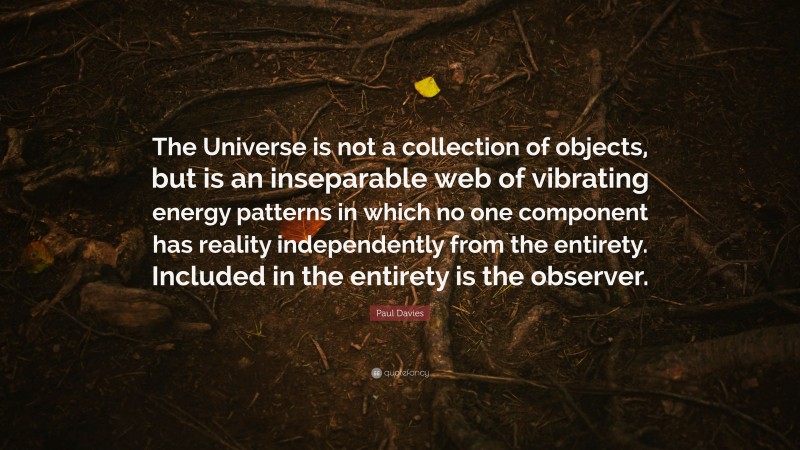 Paul Davies Quote: “The Universe is not a collection of objects, but is an inseparable web of vibrating energy patterns in which no one component has reality independently from the entirety. Included in the entirety is the observer.”