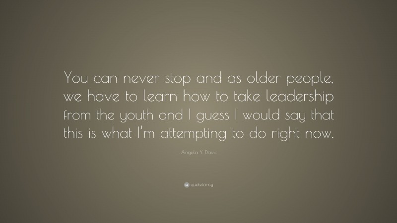 Angela Y. Davis Quote: “You can never stop and as older people, we have to learn how to take leadership from the youth and I guess I would say that this is what I’m attempting to do right now.”